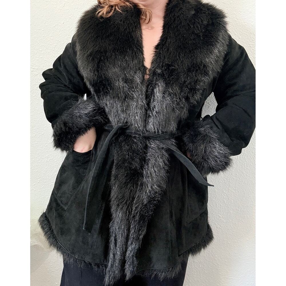 Vintage Black Y2K Suede Faux Fur Jacket Penny Lane Style Coat Glam Leather